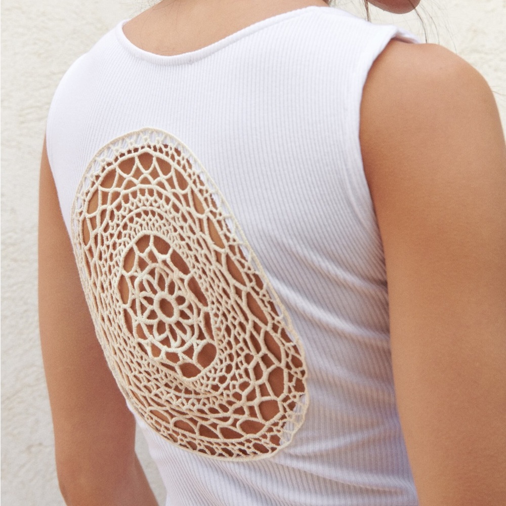 Zara White Crochet Ribbed Bodysuit